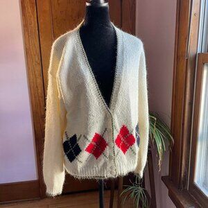 Vintage 80s Argyle Cardigan Sweater Preppy Grandpa Knit Old Money Academia L